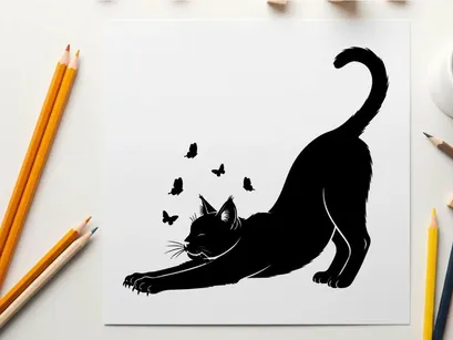Black cat silhouette stretching towards butterflies on white background silhouette