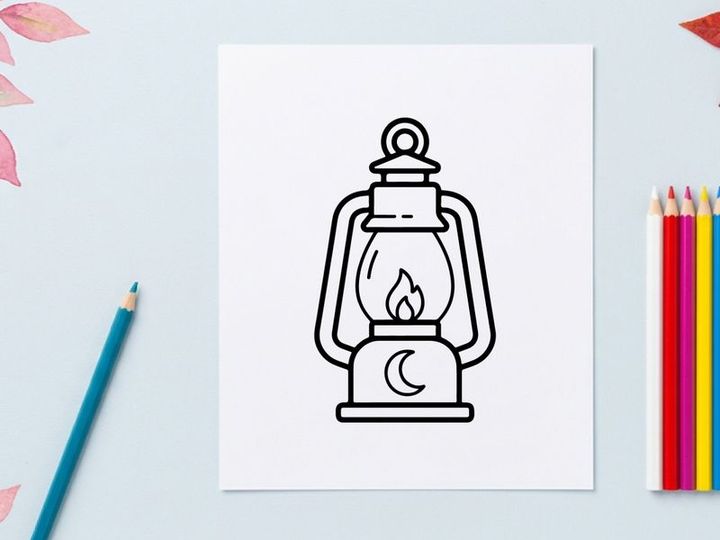 Icono de linterna de Halloween con símbolo de luna. Arte lineal de lámpara de aceite tenebrosa para diseño de festividades.