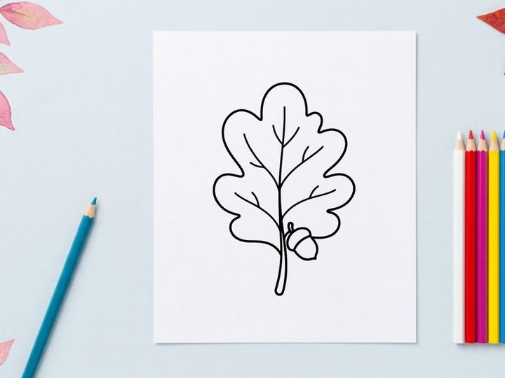 Close-up of an oak leaf with acorn. Nature-inspired botanical detail for eco or outdoor themes.