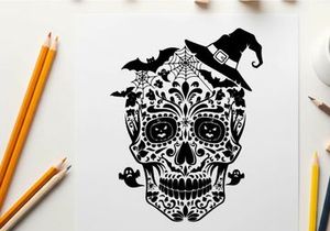Tag-des-Toten-Schädel mit Hexenhut Vektorgrafik