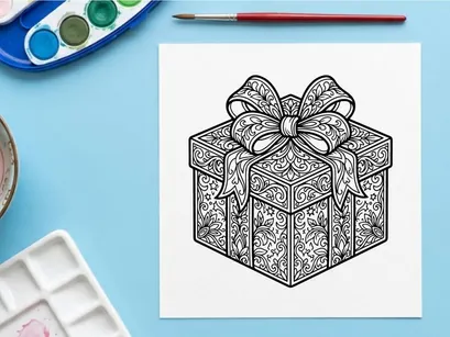 Caja de regalo navideña con ilustración de patrones florales ornamentales y un gran lazo decorativo