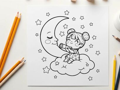 Cute baby sleeping on moon with stars vector illustration