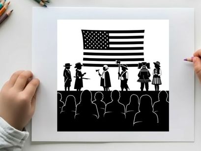 American silhouette patriotic performance with flag and actors