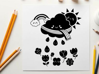 Whimsical silhouette of a cloud wearing scarf with flowers and rainbow