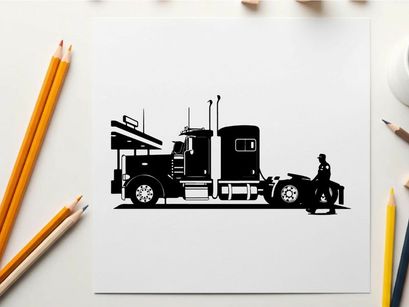Silhouette of a man standing beside a large semi truck