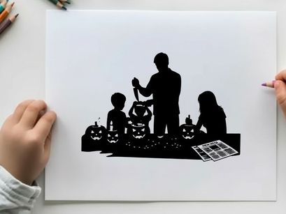 Halloween silhouette of family carving pumpkins together at night