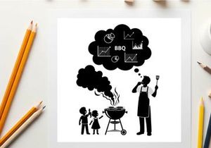 Silhouette of a man and kids enjoying a bbq on a sunny day silhouette