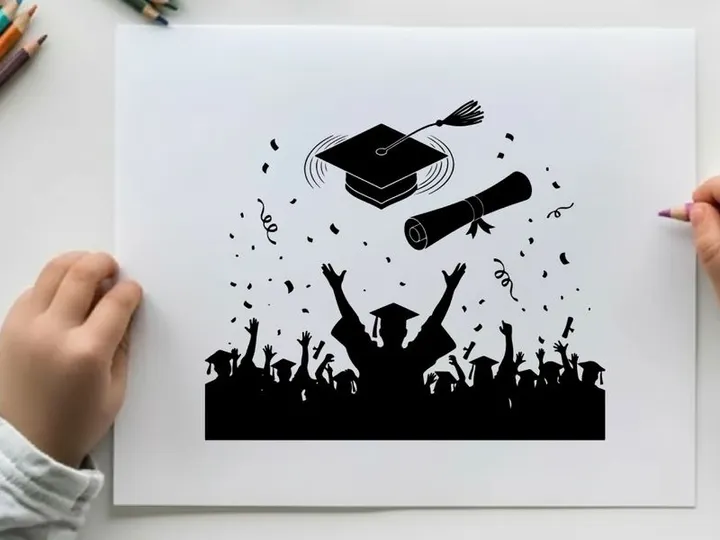 Graduation celebration silhouette with cap diploma and confetti
