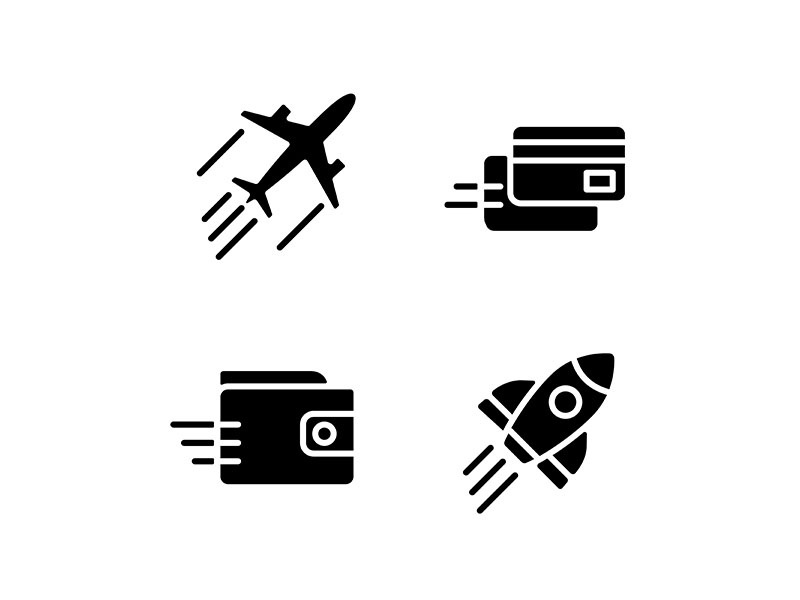 Flying transport black glyph icons set on white space