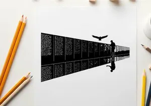 Silhouette of a man walking along a reflective metal fence with a bird flying