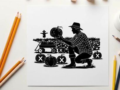 Farmer holding pumpkin in silhouette at a harvest scene