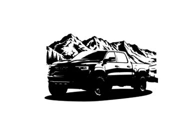 Silhouette of a pickup truck in front of snowy mountains preview picture