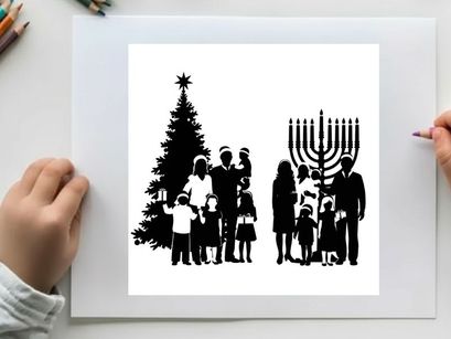 Holiday celebration silhouette of family by christmas tree and menorah