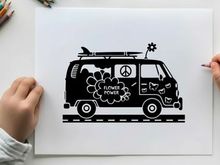 Silhouette of a psychedelic van with flower power silhouette
