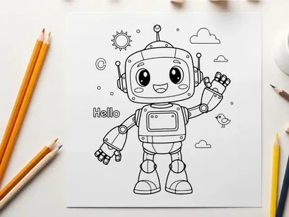 Friendly robot waving hello flat design vector illustration
