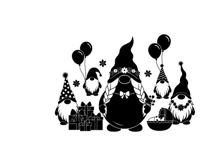 Black silhouette of gnomes celebrating a festive holiday with balloons and gifts
