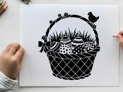 Easter basket silhouette with eggs and bird decoration