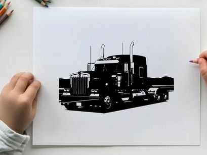 Silhouette of a large truck with a mountain range in the background silhouette