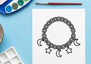 Hand-drawn Halloween charm bracelet with crescent moons and stars. Spooky season jewelry illustration for crafts, invitations, and decorations.