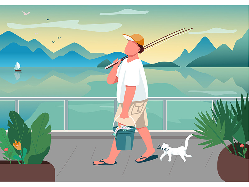 Man fishing rod at waterfront area flat color vector illustration