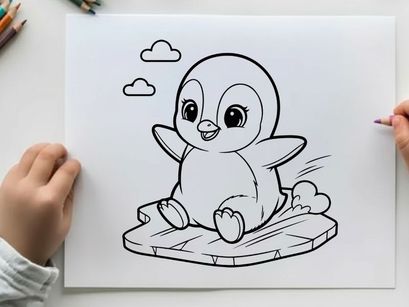 Cute baby penguin waving on ice vector illustration