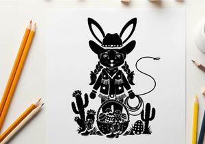 Silhouette of a cowboy rabbit with a whip and basket