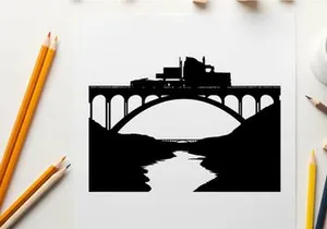 Truck crossing bridge silhouette against white background