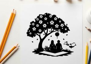 Couple relaxing under a cherry blossom tree with hot air balloon