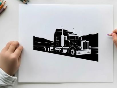 Silhouette of a semi truck driving on a road with mountains