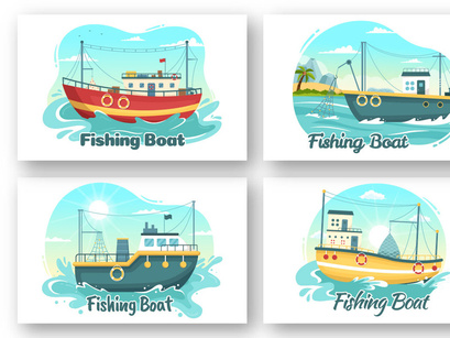 12 Fishing Boat Vector Illustration