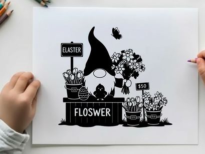 Gnome selling flowers and art supplies in silhouette