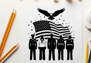 American patriotic silhouette of soldiers and flag with eagle