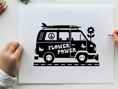 Flower power van silhouette with surfboard and peace sign