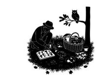 Man in silhouette plays chess outdoors under owl's watchful eye at night