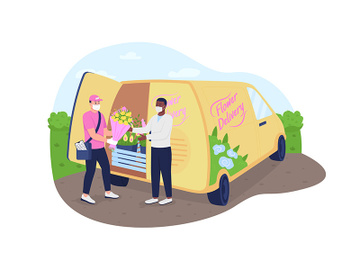 Flowers delivery truck during pandemic 2D vector web banner, poster preview picture