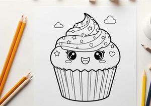 Cute cupcake with face and whipped cream vector illustration