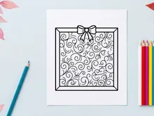 Square Christmas gift box icon with swirl pattern and bow ribbon line art illustration