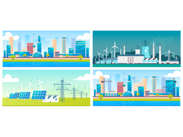 Sustainable energy and architecture flat color vector illustrations set preview picture