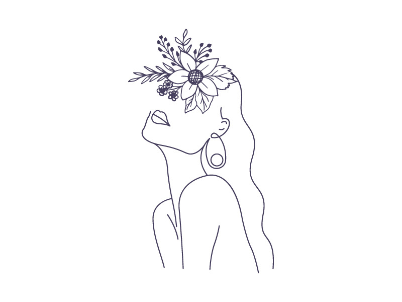 Line art portrait woman, Flower face one line vector illustration