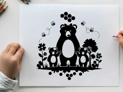 Silhouette of a bear and cubs in a garden