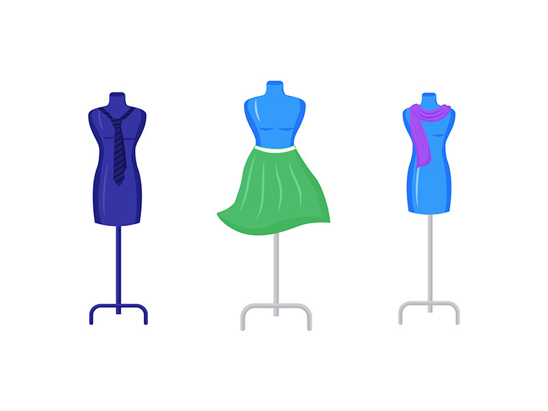 Mannequins with garment flat color vector object set