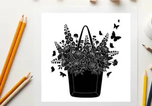 Silhouette of a floral handbag with butterflies and flowers