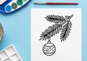Christmas tree branch with hanging bauble ornament, black and white line art drawing.
