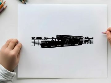 Silhouette of a horse trailer and horses in a rural setting preview picture