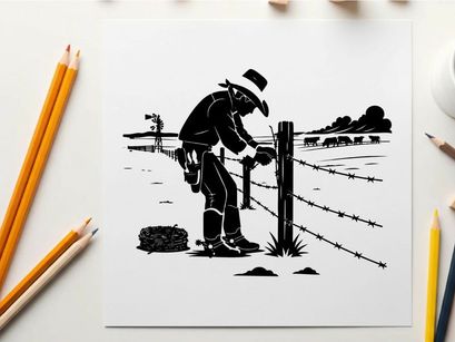 Man in silhouette repairing a fence in a rural landscape