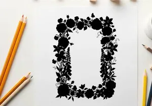Silhouette floral border frame with roses and leaves