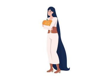 Pretty woman holding carved pumpkin semi flat color vector character preview picture