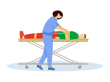 Paramedic with injured patient on stretcher flat vector illustration preview picture