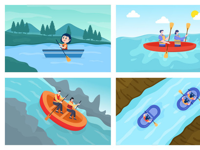 15 Rafting, Canoeing, Kayaking in the River Vector Illustration