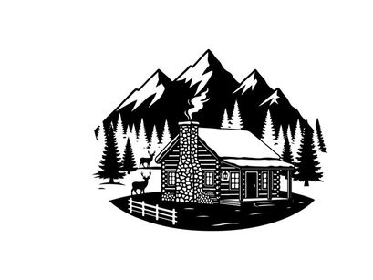 Cozy cabin silhouette in snowy mountain forest landscape